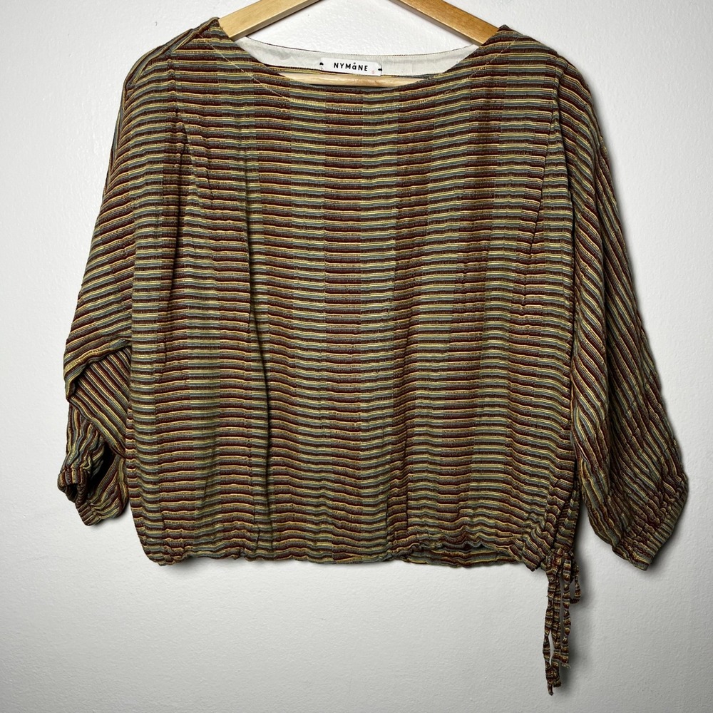 Nymane Sollen Tonal Woven Cotton Top Boatneck Brown Stripes‎ size small